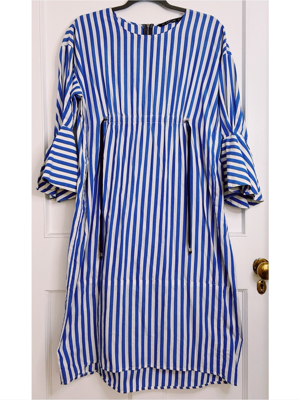 Women’s Blue & White Striped Dress with Ties and 3/4 Flared Sleeves from Zara